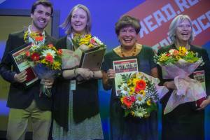 Lisa(second from left) at ceremony for the Read Russia Prize, with winners of other categories. Photo by Anatoli Stepanenko, used with his kind permission. 